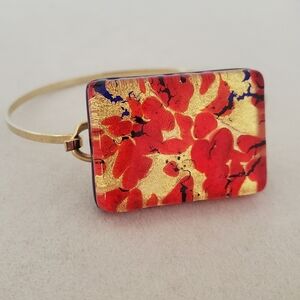 Venetian Art Glass Narrow Bangle Bracelet Gold Tone Infused Red & Gold Leaf